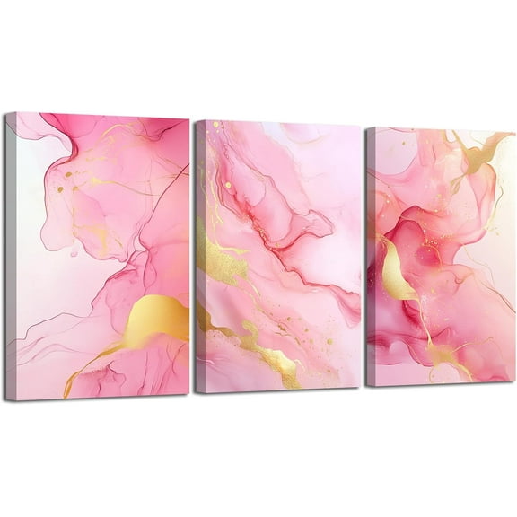 Hieng Pink and Rose Gold Wall Art 3 Pieces Abstract Marble Texture Canvas Prints Modern Luxury Pictures Pink Gold Paintings for Living Room Decor Unframed