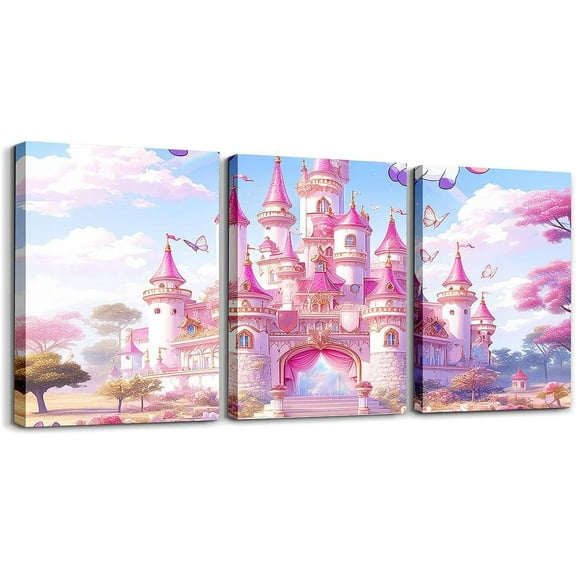 Hieng Princess Canvas Wall Art Purple Castle Dreamy Wall Decor Prints Home Artwork for Living Room Bedroom, Cute Unicorn Rainbow Butterfly Wall Painting Posters, Kids Girls Room Decor,