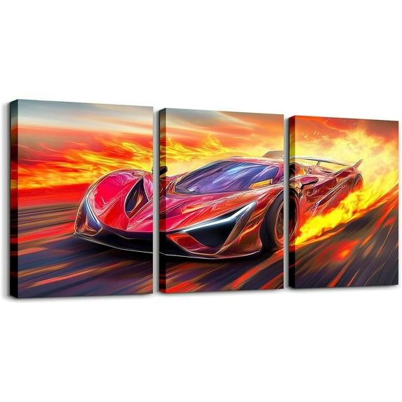 Hieng Race Car Canvas Wall Art for Living Room Bedroom Red Blue Picture Wall Decor for Bathroom Speed Sports Car Kids Boys Girls Artwork Posters Extreme Sports Painting（Only canvas）
