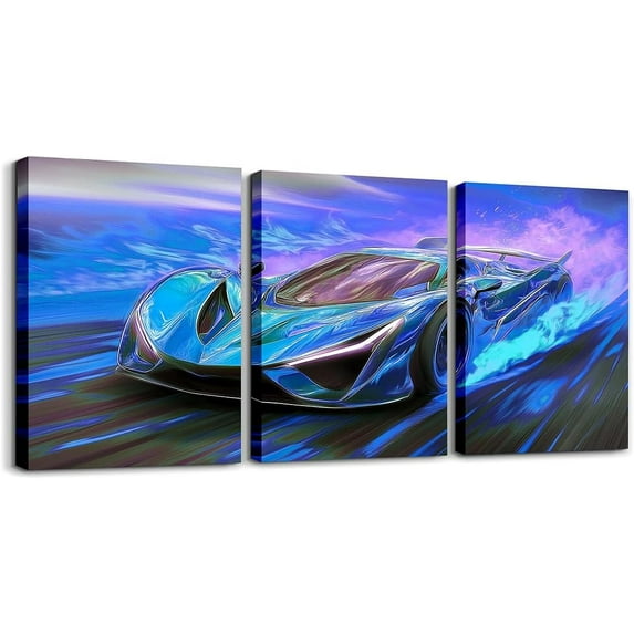 Hieng Race Car Canvas Wall Art for Living Room Bedroom Red Blue Picture Wall Decor for Bathroom Speed Sports Car Kids Boys Girls Artwork Posters Extreme Sports Painting（Only canvas）