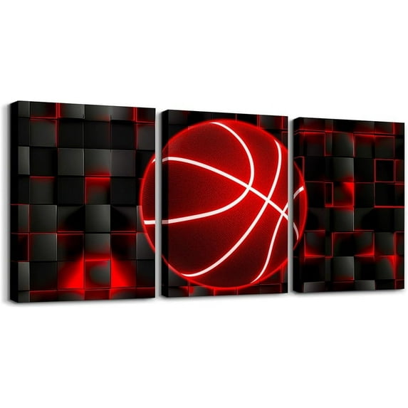 Hieng Red and Black Canvas Wall Art for Living Room Bedroom Basketball Gaming Sports Picture Wall Decor Geomnetric Office Decorations Artwork Posters Honeycomb Painting（Only canvas）