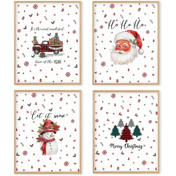 Hieng Red Christmas Winter Unframed Wall Art Prints, Tree Bell Snowflake Posters for Home Bedroom Livingroom Decor Set of 4