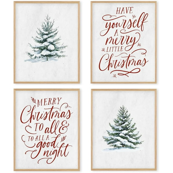 Hieng Red Christmas Winter Unframed Wall Art Prints, Tree Bell Snowflake Posters for Home Bedroom Livingroom Decor Set of 4