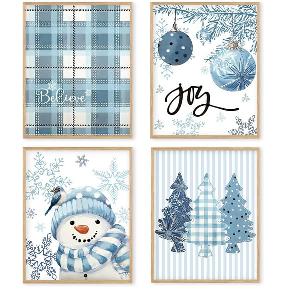 Hieng Red Christmas Winter Unframed Wall Art Prints, Tree Bell Snowflake Posters for Home Bedroom Livingroom Decor Set of 4