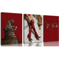 thumbnail image 1 of Hieng Red Fashion Leopard Canvas Wall Art Cheetah Wall Decor Pictures Stylish long boots print Bikini Painting Artwork for Living Room Bedroom Bathroom Corridor Home Decoration, 1 of 6