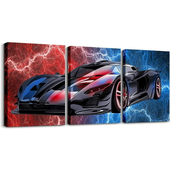 Hieng Red Race Car Picture Wall Decor 12"x16" 3 Piece Speed Sports Car Canvas Wall Art Decor Geometric Honeycomb Office Wall Decorations Artwork Posters Extreme Sports Automobile Wall Painting