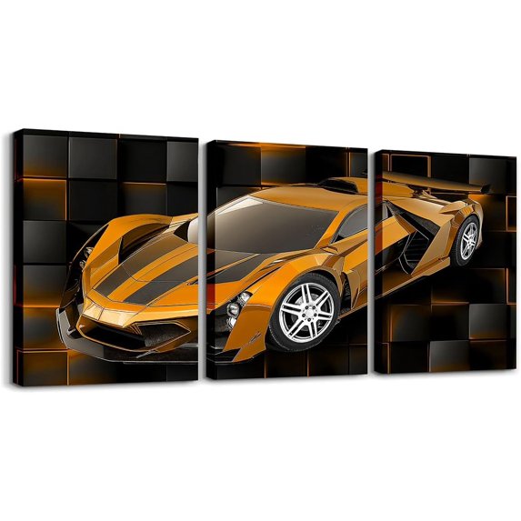 Hieng Red Race Car Picture Wall Decor 12"x16" 3 Piece Speed Sports Car Canvas Wall Art Decor Geometric Honeycomb Office Wall Decorations Artwork Posters Extreme Sports Automobile Wall Painting