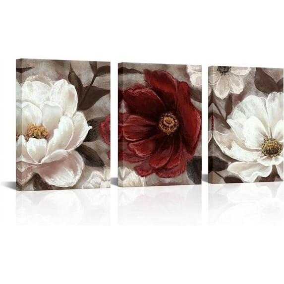 Hieng Red and Brown Flower Paintings Maroon Floral Canvas Art Burgundy Picture Prints for Bathroom Bedoroom Wall Decor Gallery Wrapped (only canvas)