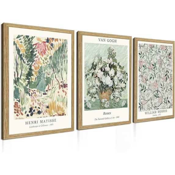 Hieng Retro Vintage Wall Art Canvas Decor Set of 3, Matisse Wall Art Prints Poster Mid Century Modern Art, Sage Green Aesthetic Floral Botanical wall art living room bathroom bedroom