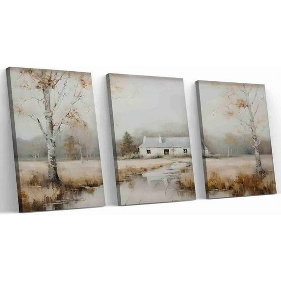 Hieng Rustic Autumn Landscape Triptych Canvas Art for Home Decor Ideal Fall Wall Art for Seasonal Gifting and Cozy Cottage Aesthetic