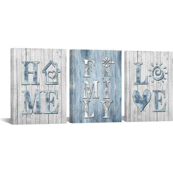 Hieng Rustic Blue and Grey Wall Decor Home Family Love Painting Canvas Art Vintage Family Sign Decoration for Farmhouse Kitchen Dining Room