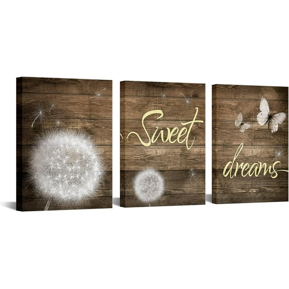 Hieng Rustic Farmhouse Dandelion Wall Art for Living Room - 3pcs Large Butterfly Canvas Prints - Country Sweet Dreams Decor for Master Bedroom (only canvas)