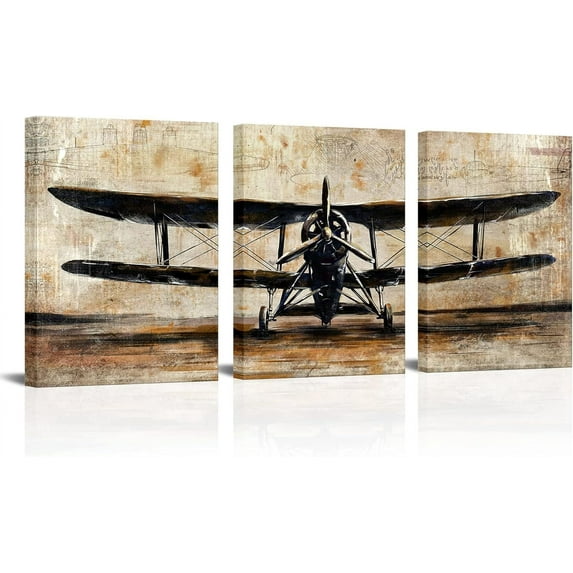 Hieng Rustic Plane Pictures Wall Art Decor Vintage Airplane Propeller Canvas Prints Artwork Framed Boy Room Man Bedroom Wall Decor Framed Ready to Hang
