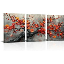 Hieng Rustic Plum Flowers Canvas Wall Art 3 Pieces Red Flower Tree Painting Prints Farmhouse Botanical Floral Wall Decor Modern Artwork for Living Room Bedroom(only canvas)
