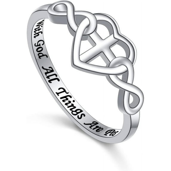 Hieng S925 Silver Christian Cross Heart Inspirational Faith Bible Verse Necklace & Rinags for Women Teen Jewelry