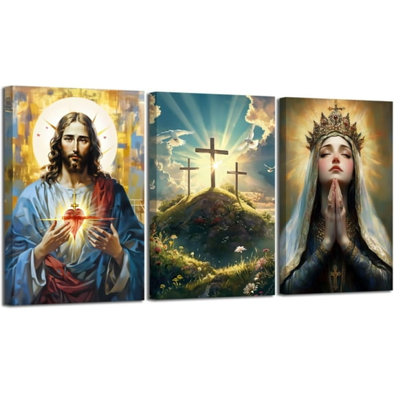 Hieng Sacred Heart Wall Art 3 Pieces Jesus Mary Portrait Pictures Christian Catholic Canvas Prints Cross Dove of Peace Paintings for Church Decor Unframed