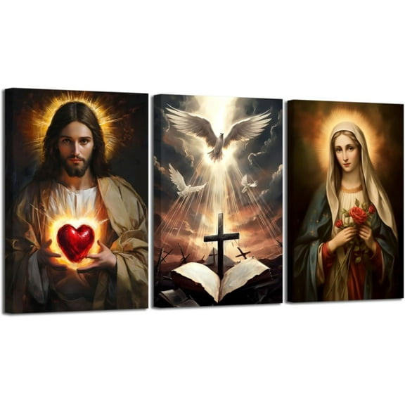 Hieng Sacred Heart Wall Art 3 Pieces Jesus Mary Portrait Pictures Christian Catholic Canvas Prints Cross Dove of Peace Paintings for Church Decor Unframed