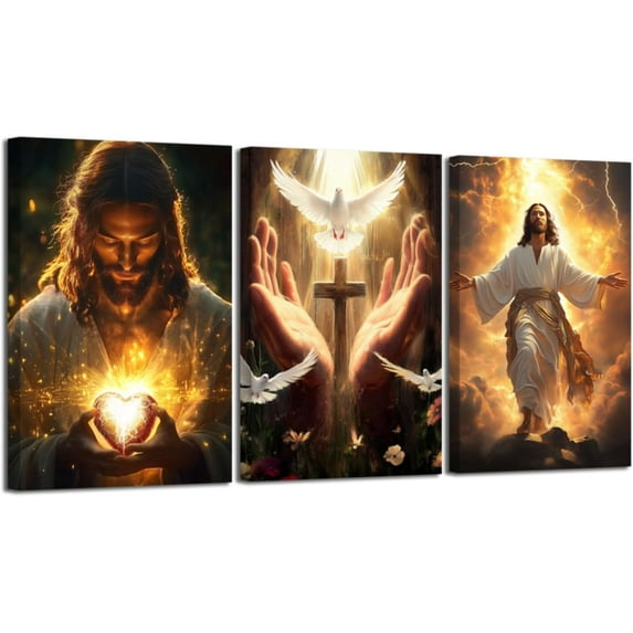 Hieng Sacred Heart Wall Art 3 Pieces Jesus Mary Portrait Pictures Christian Catholic Canvas Prints Cross Dove of Peace Paintings for Church Decor Unframed