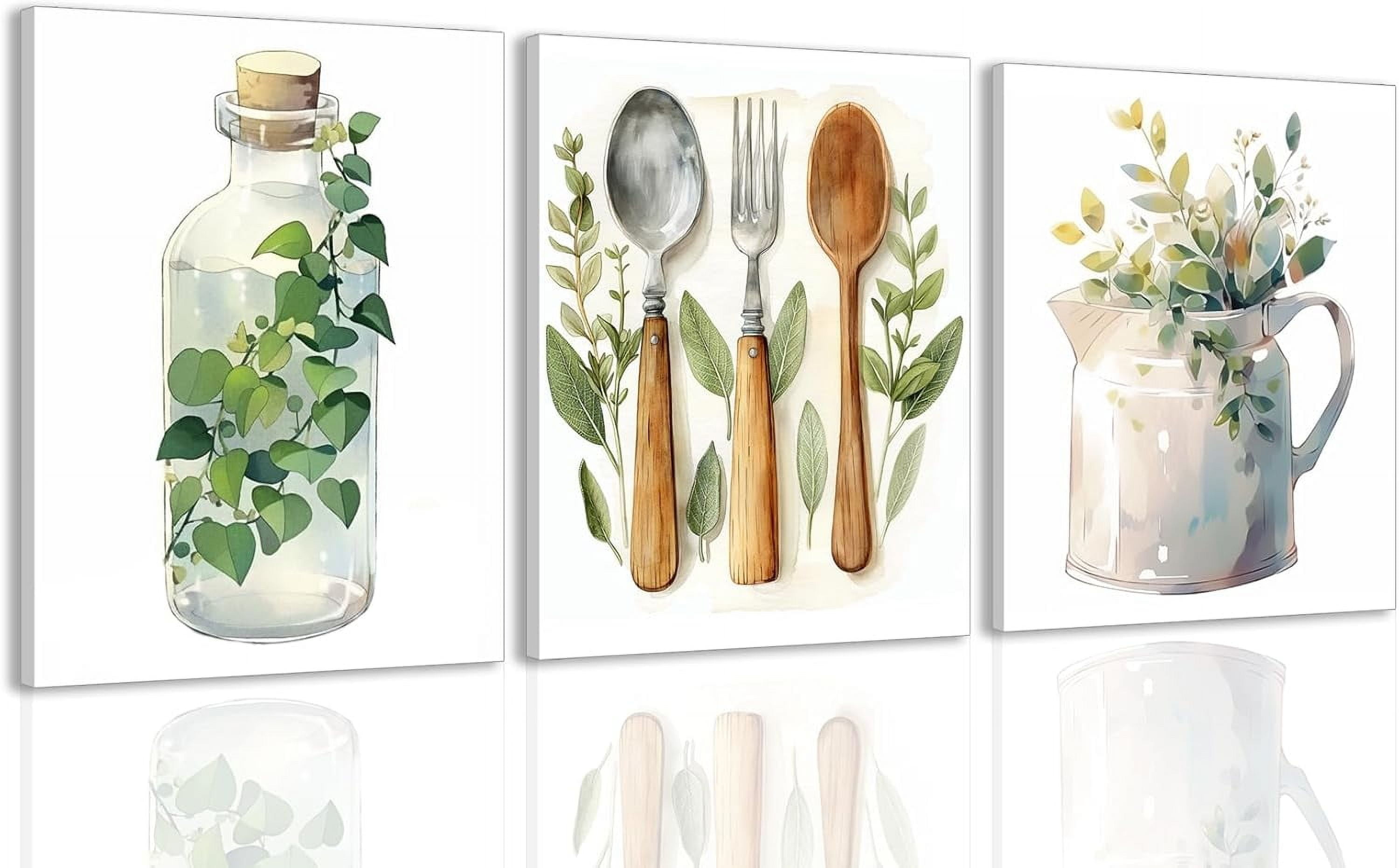 Hieng Sage Green Kitchen Wall Art Set of 3, Eucalyptus Leaves Plant