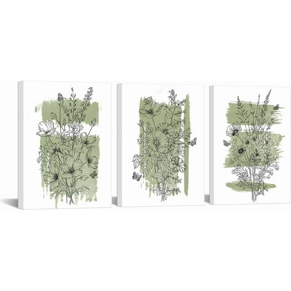 Hieng Sage Green Wall Decor Line Flower Canvas Wall Art Minimalist Painting Artwork Green and White Bathroom Decorations