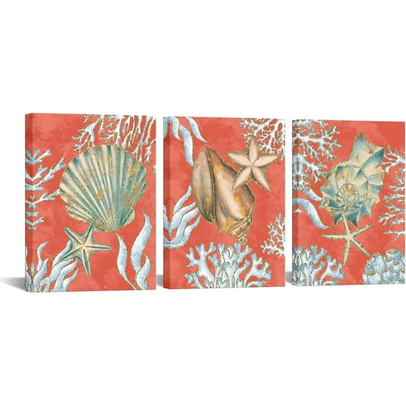 Hieng Seashell Wall Art Set 3 Piece Orange Bathroom Canvas Prints, Ocean Themed Coral Coastal Decor, Nautical Beach Pictures, and Artwork for Home, Bedroom(only canvas)