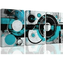 Hieng Teal Abstract Wall Art Blue and Gray Canvas Print 3 Pieces Abstract Geometric Circle Black Gray Painting for Home Office Decor Unframed