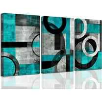 Hieng Teal Abstract Wall Art Blue and Gray Canvas Print 3 Pieces Abstract Geometric Circle Black Gray Painting for Home Office Decor Unframed