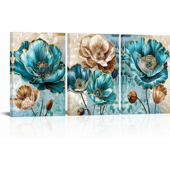 Hieng Teal and Brown Wall Decor Turquoise Flower Canvas Art Painting Modern Abstract Floral Picture Artwork Bathroom Decor Unframed
