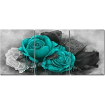 Hieng Teal and Grey Canvas Wall Art Rose Flower Painting Picture Turquoise Floral Prints Teal Bedroom Bathroom Decor
