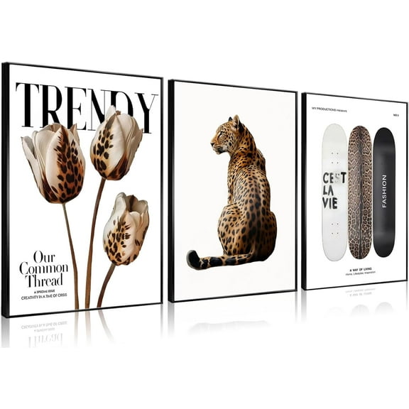 Hieng Trendy Leopard Print Canvas Wall Art Picture Stylish Female Aesthetic Poster Cheetah Printed Preppy Fashion Skateboard Wall Decor for Bedroom Apartment Dorm Living Room Unframed