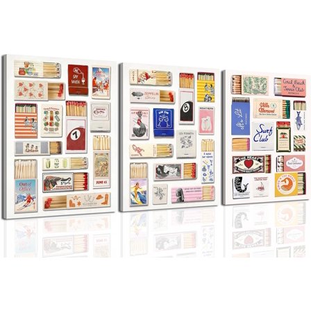 Hieng Trendy Matchbook Poster Set of 3, Preppy Matchbox Wall Art, Retro Girly Bar Cart Decor, Funky Matches Canvas Prints Aesthetic Picture for Bedroom Apartment Dorm Living Room