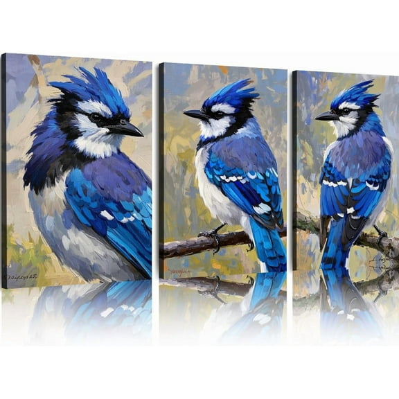 Hieng Unframed Canvas Print Decorative Painting Blue Jay Bullfinch Original Art Couple Bird Artwork Animal Wall Art Decor