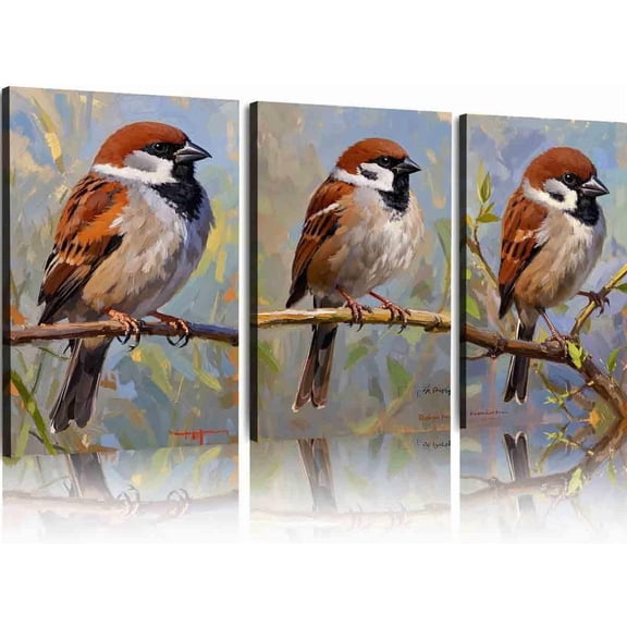 Hieng Unframed Wall Art Canvas Sparrow Tit Original Art Animal Wall Painting Children's Room Decoration Christmas Gift