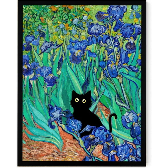 Hieng Van Gogh's Almond Blossom Funny Black Cat Canvas Wall Art, Oil Painting Posters Home Decor, Vintage Abstract Aesthetic Wall Decorations for Living Room Bedroom