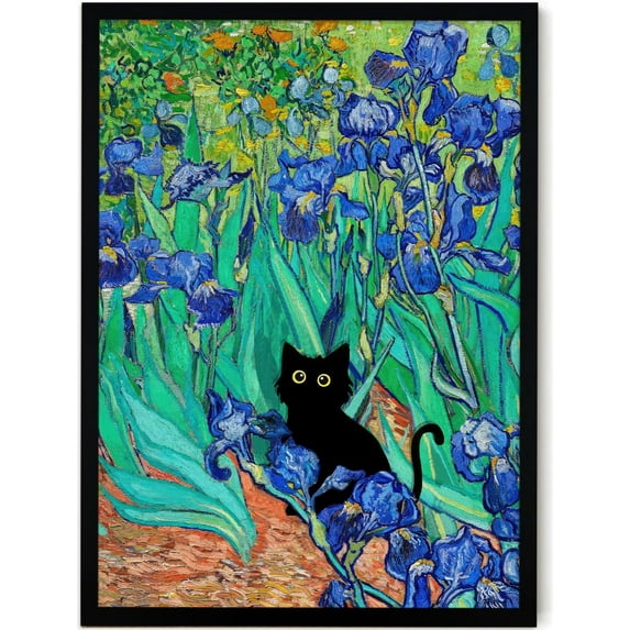 Hieng Van Gogh's Almond Blossom Funny Black Cat Canvas Wall Art, Oil Painting Posters Home Decor, Vintage Abstract Aesthetic Wall Decorations for Living Room Bedroom