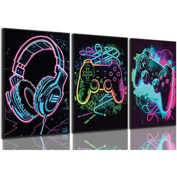 Hieng Video Game Wall Art Gaming Posters Gamer Wall Decor for Teen Boys Bedroom Graffiti Gamepad Headphones Canvas Prints Cool Pictures Pop Art Painting Men Room Decoration（Only canvas）