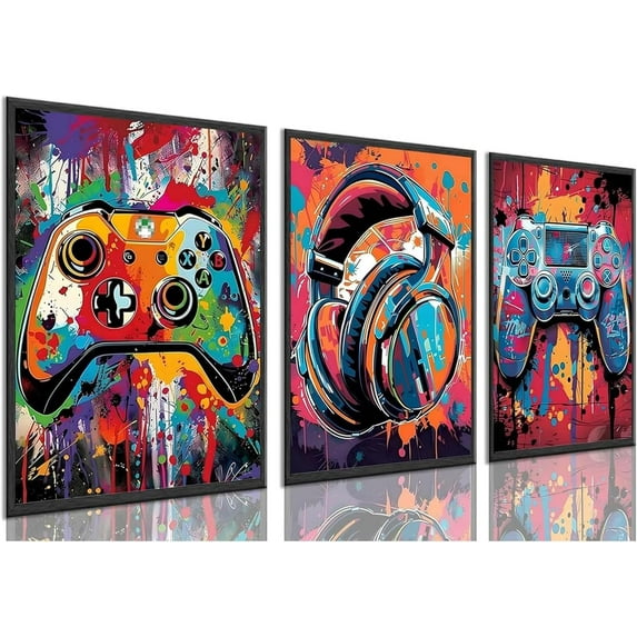 Hieng Video Game Wall Art Gaming Posters Gamer Wall Decor for Teen Boys Bedroom Graffiti Gamepad Headphones Canvas Prints Cool Pictures Pop Art Painting Men Room Decoration(Only canvas)