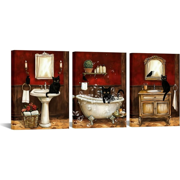Hieng Vintage Bathroom Wall Decor Cats in Bathroom Painting Wall Art Brown and Red Pictures Canvas Prints Set of 3 Unframed