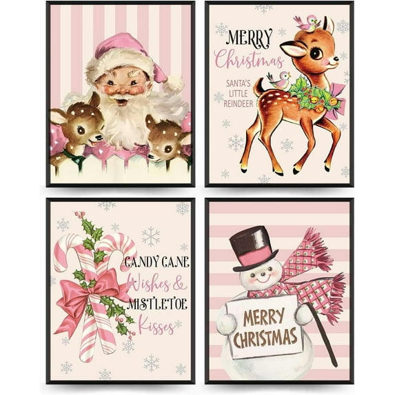 Hieng Vintage Christmas Decor, Christmas Wall Art Prints Set of 4, Retro Christmas Santa Claus Wall Art Decor for Gallery Living Room Bathroom (Unframed)
