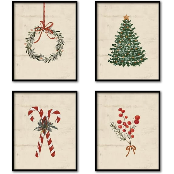 Hieng Vintage Christmas Tree Wall Art Poster Decor, Candy Cane Painting Pictures Decor Wall Art, Rustic Christmas Decorations for Bedroom Bathroom Living Room Office, Unframedin Set of 4
