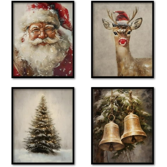 Hieng Vintage Christmas Tree Wall Art Poster Decor, Candy Cane Painting Pictures Decor Wall Art, Rustic Christmas Decorations for Bedroom Bathroom Living Room Office, Unframedin Set of 4
