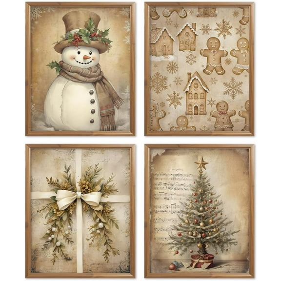 Hieng Vintage Christmas Wall Art Decor, Merry Christmas Santa Claus Wall Posters Prints Set of 4, Christmas Wall Decor Gifts for Winter Holiday Living Room Bedroom Kitchen (Unframed)