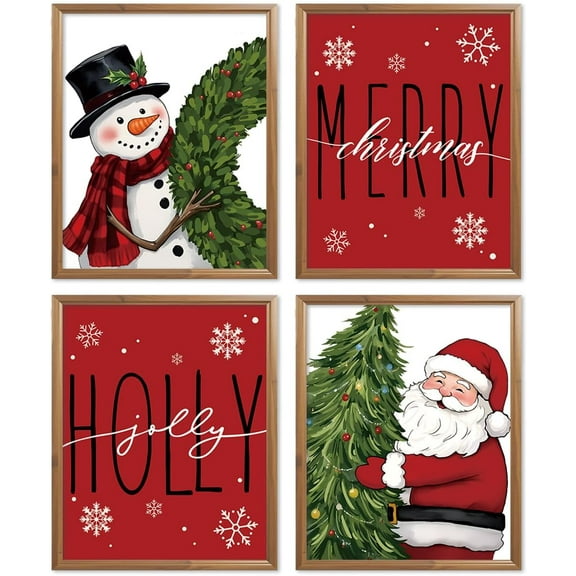 Hieng Vintage Christmas Wall Art Decor, Merry Christmas Santa Claus Wall Posters Prints Set of 4, Christmas Wall Decor Gifts for Winter Holiday Living Room Bedroom Kitchen (Unframed)