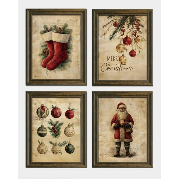 Hieng Vintage Christmas Wall Art Decor, Merry Christmas Santa Claus Wall Posters Prints Set of 4, Christmas Wall Decor Gifts for Winter Holiday Living Room Bedroom Kitchen (Unframed)