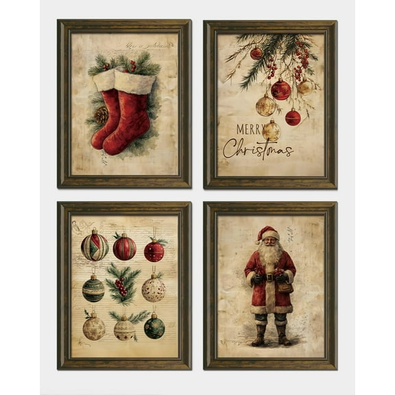 Hieng Vintage Christmas Wall Art Decor, Merry Christmas Santa Claus Wall Posters Prints Set of 4, Christmas Wall Decor Gifts for Winter Holiday Living Room Bedroom Kitchen (Unframed)