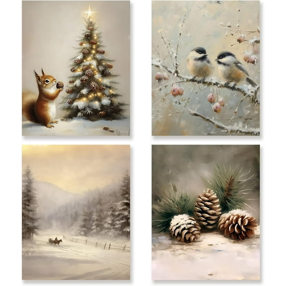 Hieng Vintage Christmas Wall Art Decor Set of 4 Retro Winter Holiday Xmas Artwork Poster Christmas Tree Snowman Wall Decor for Home Farmhouse Bedroom Gallery Decorations Unframed