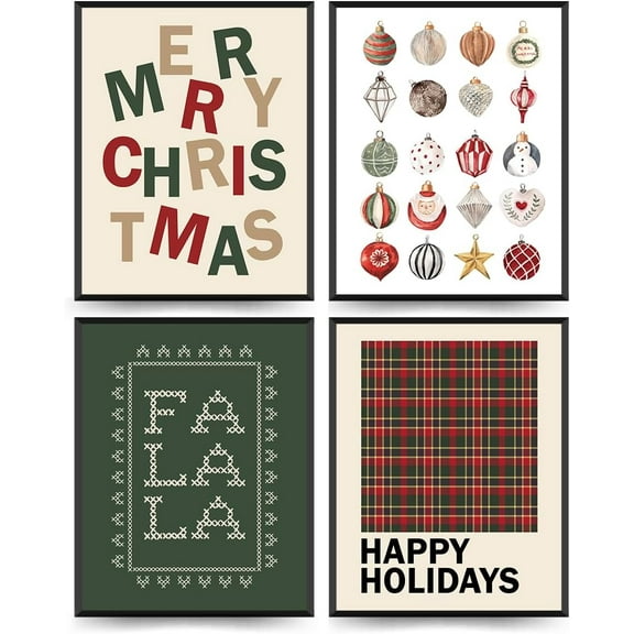Hieng Vintage Christmas Wall Art Prints Set of 4, Retro Christmas Trees Poster, Winter Holidays Gift Print Decor for Gallery, Living Room, Bathroom (Unframed)