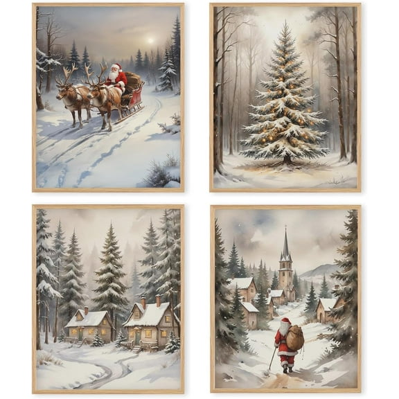 Hieng Vintage Christmas Wall Art Prints Set of 4, Rustic Xmas Tree Holly Branches Wreath Posters Pictures Wall Decor for Bedroom Living Room Office, Christmas Home Decor Unframed