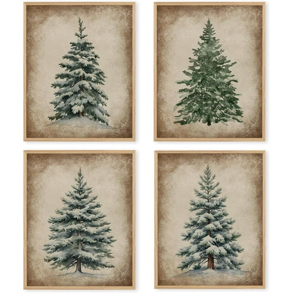 Hieng Vintage Christmas Wall Art Prints Set of 4, Rustic Xmas Tree Holly Branches Wreath Posters Pictures Wall Decor for Bedroom Living Room Office, Christmas Home Decor Unframed