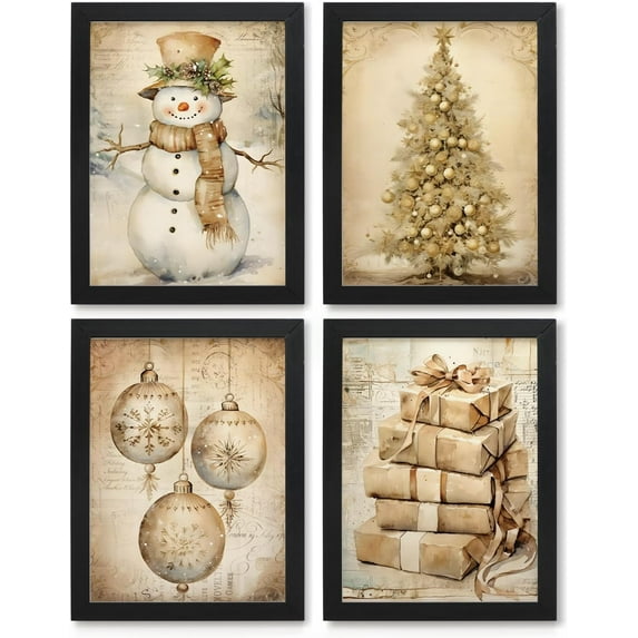Hieng Vintage Christmas Wall Decor, Christmas Prints, Retro Christmas Wall Art Decor for Home Bedroom Living Room Office, Christmas Snowman Tree Posters Wall Art Set of 4, Unframed